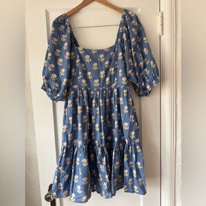 Pink Chicken Blue Floral Puff-Sleeve Tiered Dress